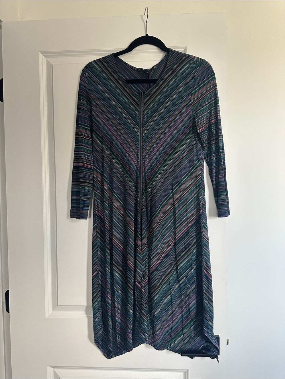BCBGMaxAzria Teal Multi Long-Sleeve Striped Midi Dress
